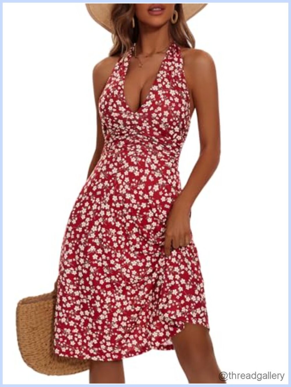 Women's Floral Sundress Sleeveless Halter Neck Mini Dress with Pockets
